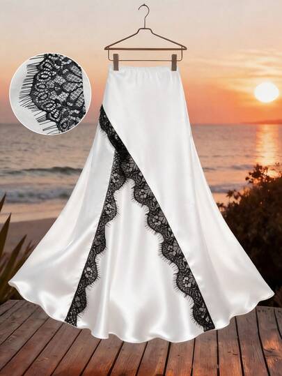 Modelyn French Style Lace Patchwork Contrast Color Satin Drape Elegant A-Line Skirt For Women