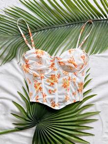 Soleia Camiseta de malla con estampado floral vintage romántico para mujeres, adecuada para vacaciones, citas, té de la tarde, festivales de música, estilo bohemio - Naranja - Ver 6