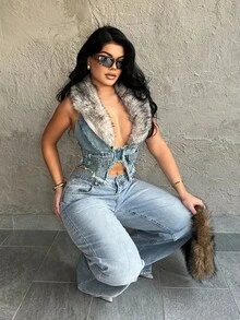 Dayanna Comas Y2K 女式可拆卸仿毛领牛仔夹克 - 藍色 - 查看 6