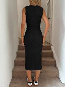 SHEIN LUNE VKing Button Front Vest And Slit Hem Pencil Skirt Set, Solid Color Textured Fabric, Casual Vacation Elegant Outfit For Women, Spring/Summer - Black - View 5