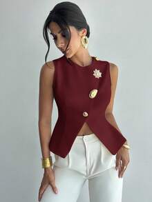 Firerie Blusa blanca elegante, refinada y romántica con botones metálicos en la cintura, corte evasé y sin mangas para uso diario y de oficina - Burdeos - Ver 4