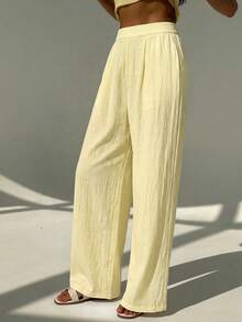 Aloruh Women's Elegent Pale Yellow 2-Piece Set,Asymmetrical Peplum Hem Tube Top & Wide Leg Pants,Summer Holiday Vacation Outfits For Beach & Office Wear - Light Yellow - View 5