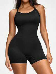 Bodysuits de mujer SHAPORA de color sólido con espalda cruzada, que levanta el trasero, sin costuras, sexy con tirantes, control de abdomen, efecto estilizante, sin mangas, de punto. - Negro - Ver 4