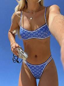 Swim Mod Women's Beach Outfit, Sweet Ditsy Floral, Fashionable Casual Resort Wear, Cute & Sexy, Micro Bikini Swimwear Set - Blue and White - View 3