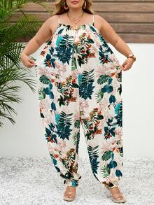 SHEIN CURVE+ Áo liền quần nữ mùa hè kiểu dáng rộng rãi, in họa tiết cây nhiệt đới, áo hai dây, áo liền quần kiểu Hawaii, áo liền quần mùa hè dáng rộng, áo liền quần kiểu Hawaii - Nhiều màu - Xem 5