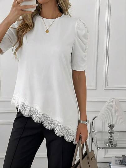 Editum Women's Elegant Solid Color Asymmetrical Hem Lace Patchwork Basic Casual T-Shirt, Spring/Summer,Summer Top