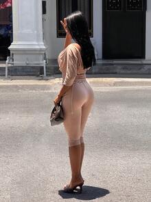 Slaydiva Bộ jumpsuit mùa hè gợi cảm cổ chữ V sâu tay cánh dơi - Màu Khaki - Xem 2