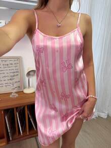 SweetSlumber 女士甜美INS蝴蝶结条纹印花迷你缎面吊带裙 - 粉色 - 查看 3
