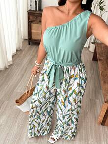 Weeklong 夏季时尚休闲度假法式复古优雅通勤不对称肩部系带腰身绿色印花连体裤 - 綠色 - 查看 5