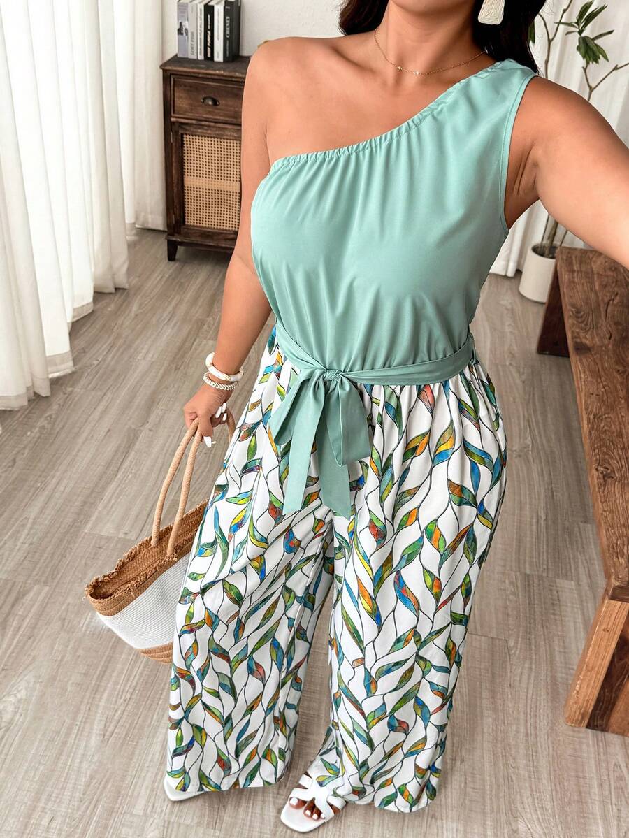 Weeklong 夏季时尚休闲度假法式复古优雅通勤不对称肩部系带腰身绿色印花连体裤 - 綠色 - 查看 1