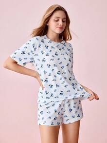 Bonmuse Conjunto de Pijama com Camiseta e Shorts Estampa Floral / Conjunto de Pijama para o Verão - Azul - Visão 5