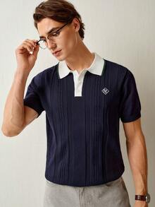 RONVEXI 男士字母刺绣撞色 Polo 领短袖针织衫 - 彩色 - 查看 2