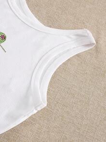 Rovax Olive Pattern Rhinestone Embellished Women's Casual Fashionable Cropped Tank Top - White - View 6