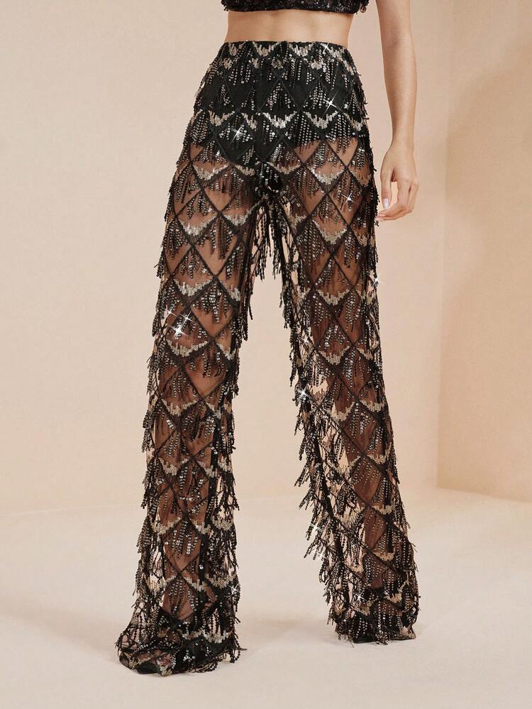 Arave Calça Reta de Cintura Alta Feminina com Tule, Bordado, Lantejoulas e Desenhos com Borlas, Elegante para Encontros - Preto - Visão 5