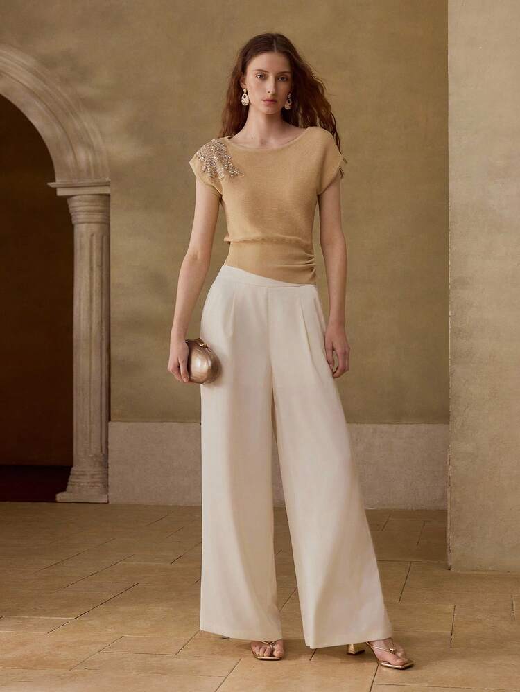 FAUX PEARL DETAIL ROUND NECK KNIT TOP