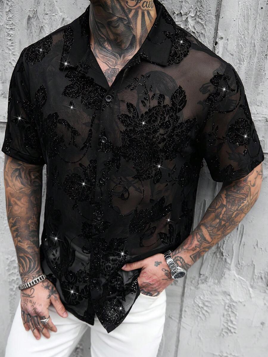 Zorclune 男士黑色花卉夏季優雅夜店晚宴襯衫，天鵝絨亮片透視網紗閃粉水鑽短袖鈕扣開襟領上衣 - 黑色 - 查看 1