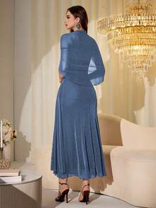 Modelyn Đầm dài ôm dáng, không dây vai, tay bồng, chất liệu lưới bóng, thanh lịch dành cho nữ, thích hợp cho mùa xuân và mùa thu. - Màu xanh lam - Xem 2