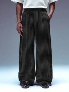 STYNVO Men's Casual Commuting Fashion Striped Print Slant Pocket Loose Straight Leg Pants - Black - View 4