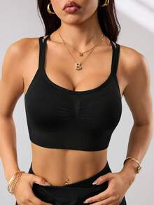 Dewbera Áo ngực thể thao không đường may dành cho nữ, áo lót tập yoga, áo ngực thể dục, đồ lót chạy bộ dây chéo. - màu đen - Xem 5