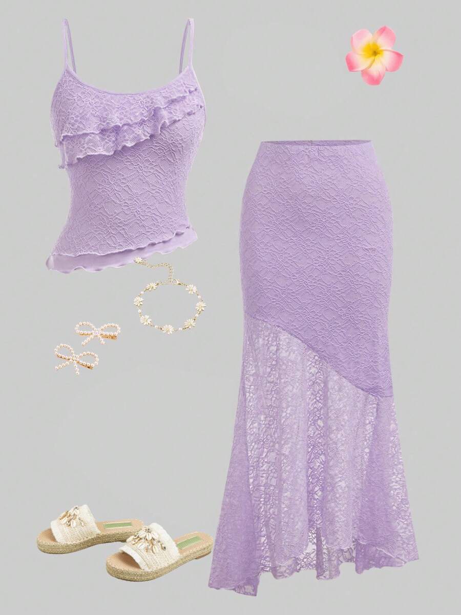 SHEIN Tween Girl Casual Minimalist Comfortable Asymmetrical Hem Tank Top & Fishtail Hem Skirt Set Tween Girl - Mauve Purple - View 1