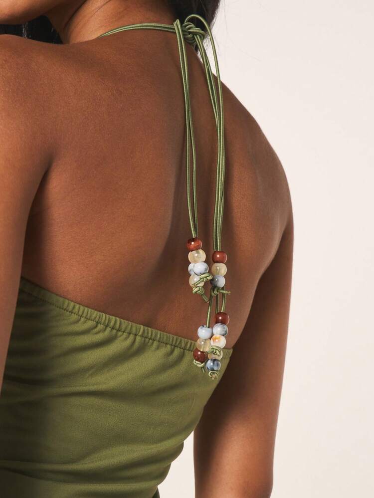 MISSGUIDED Olive Green Halter Tank Top With Beaded Straps Summer Sleeveless Camisole