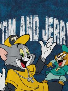 TOM & JERRY X SHEIN 男童休闲时尚街头日常通勤趣味卡通字母扎染印花短袖T恤，夏季 - 白色 - 查看 4