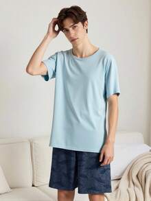 Conjunto de 2 piezas de camiseta de manga corta con estampado de letras en inglés y pantalones cortos, combinación de 3 colores negro, gris y azul, estilo minimalista y de moda para adolescentes, ropa de estar por casa - Verde - Ver 8