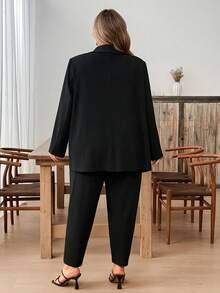 SHEIN CURVE+ Ensemble deux pièces grande taille pour femmes, veste de costume noire décontractée et ample, et leggings, tenue décontracté confortable pour l'automne et l'hiver, tenue de bureau décontracté, tenue d'automne, tenue de travail - Noir - Voir 7