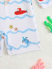SHEIN Bộ đồ bơi dài tay in hình cá voi cho bé trai sơ sinh/trẻ nhỏ, kèm mũ rộng vành chống nắng. - Nhiều màu - Xem 6