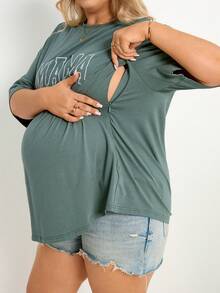 Plussiva Plus Size Pregnant Women Letter Print Zip-Up Nursing Function Round Neck Short Sleeve T-Shirt - Green - View 2