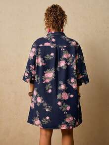 Travachic Plus Size Casual Boho Floral Print Button Front Denim Dress Vacation Dusty Blue Autumn - Dark Wash - View 4