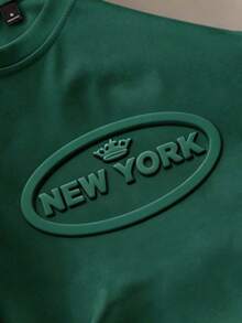 Manfinity Joysei Áo thun nam tay ngắn màu xanh ô liu, in nổi chữ "NEW YORK", dáng ôm, thích hợp mặc hàng ngày, tối giản và đa năng. - Màu xanh lá cây đậm - Xem 2