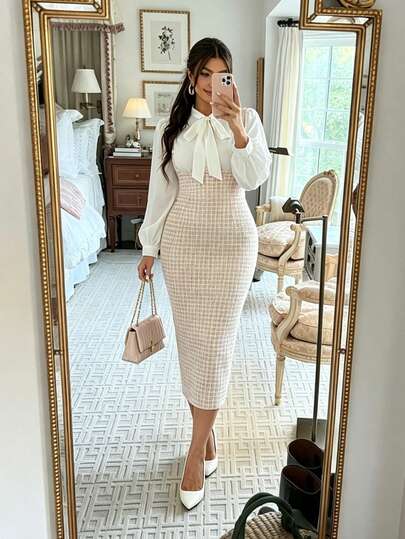 Elenzga Plus Size Women's Elegant French Style White Bow Collar Pink Long Suspender Fitted Dress 2-Piece Set, Spring/Autumn Work Attire Women Work Clothes Women Office Work Outfits Women Work Dresses For Women Business Casual Women Outfit Office Dresses For Ladies Business Casual Woman 2 Piece Set Ladies Two Piece Outfits Suits Formal Two Piece Set Woman Skirt Formal Suits Casual Business Women Outfit Office Dresses For Woman Latest Outfit For Women Zoey Outfit Zanea Dress For Woman Elegant Dress