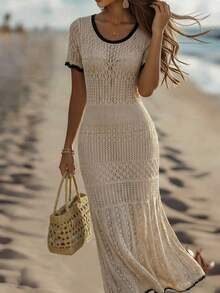 Franclia 2026春夏新款欧美风性感修身腰部休闲度假日常户外女士浪漫海滩派对晚宴海边针织米色女式毛衣连衣裙，镂空慵懒舒适 - 卡其色 - 查看 1