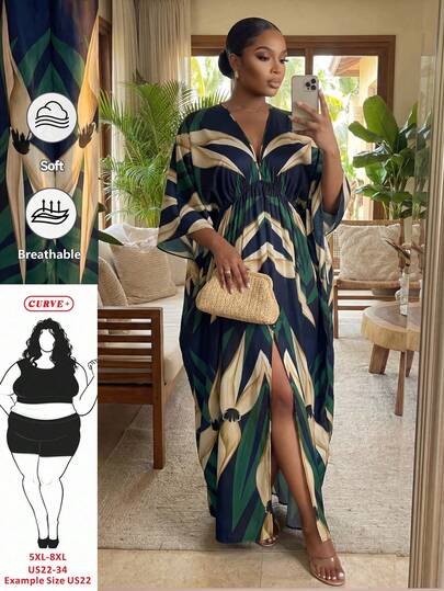 SHEIN CURVE+ 大码女士度假绿色植物印花七分袖连衣裙