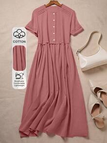 Louniche Đầm sơ mi nữ tay ngắn màu trơn, chất liệu cotton lanh, kiểu dáng thường ngày. - Màu hồng gỉ - Xem 1
