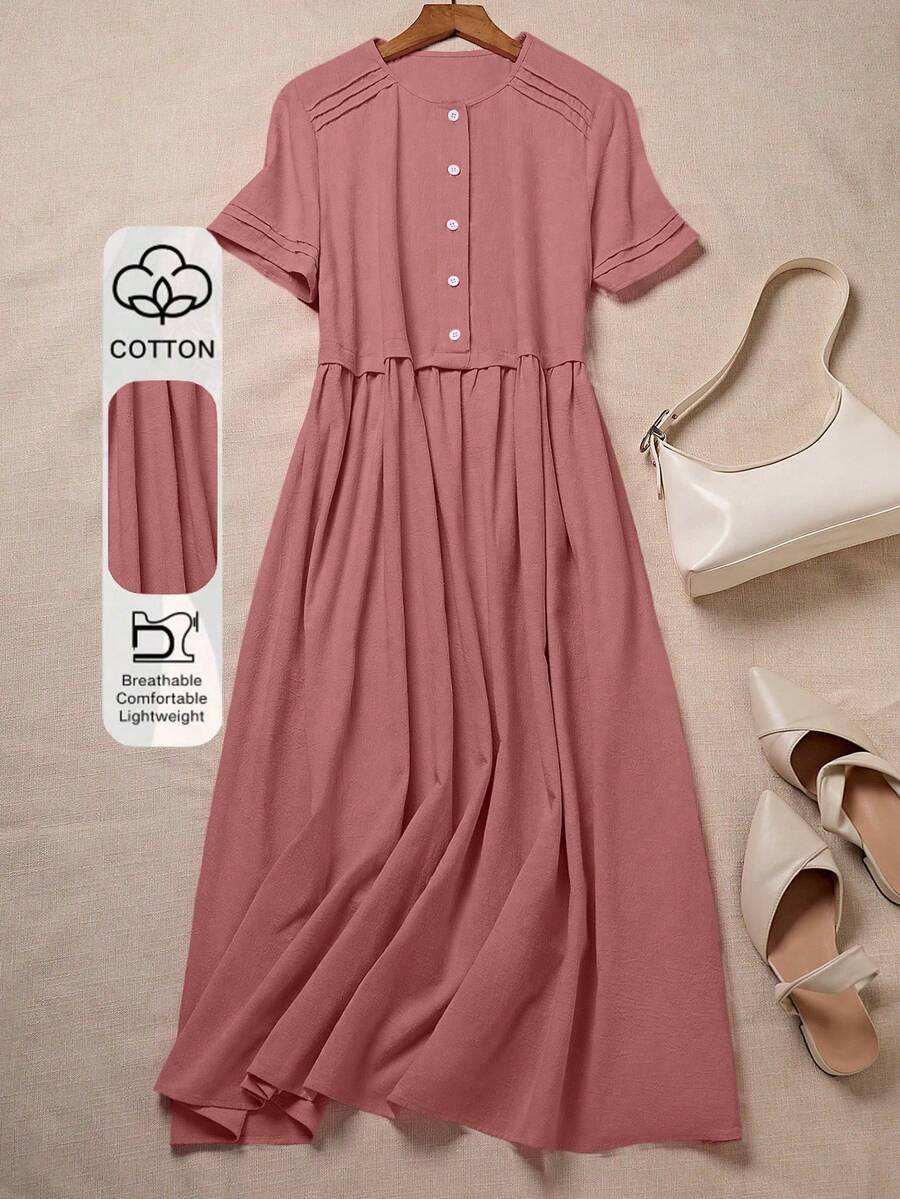 Louniche Đầm sơ mi nữ tay ngắn màu trơn, chất liệu cotton lanh, kiểu dáng thường ngày. - Màu hồng gỉ - Xem 1