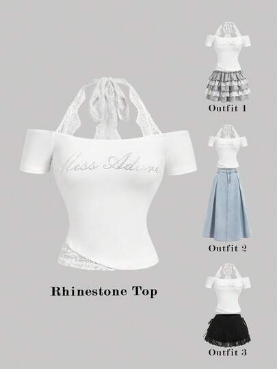 SHEIN MOD 白色二合一蕾丝水钻装饰露背吊带T恤（女款）