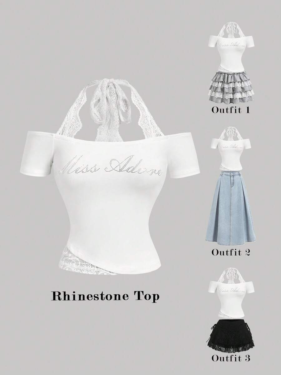 SHEIN MOD Women's White 2 In 1 Lace Rhinestone Embellished Halter Neck T-Shirt,Elegant Off Shoulder Graphic Tee With Lace Trim,Summer Y2K Top For Night Out - White - View 1