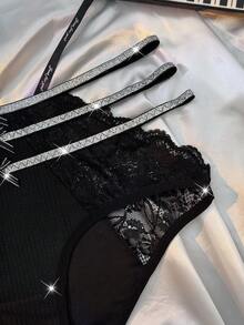 Silver Metallic Ribbon Comfortable Sexy Lace Elegant Plus Size Panties LINGERIE PLUS SIZE FOR WOMEN,ADULT,HONEYMOON,HOT,DATE NIGHT,PLUS SIZE LINGERIE,PLUS SIZE LINGERIE CURVE,CURVE LINGERIE,SEXY LINGERIE,CURVE LINGERIE SET, SEXY OUTFIT - Black - View 4