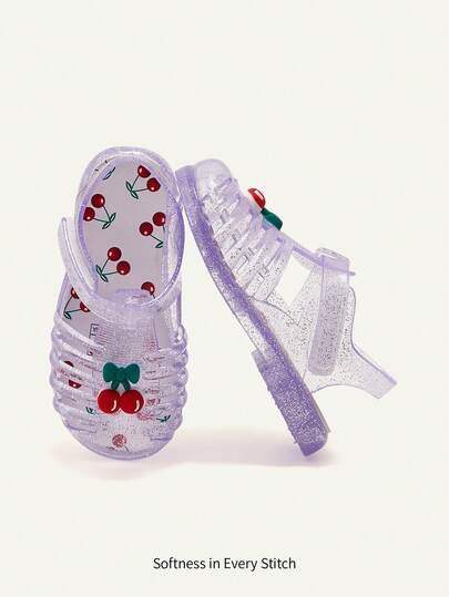 Cozy Pixies A Pair Of Fashionable Versatile Cute Fun Cherry Princess Transparent Purple Soft Comfortable Beach Crystal Plaid Pastoral Soft Bottom Flat Baby Sandals