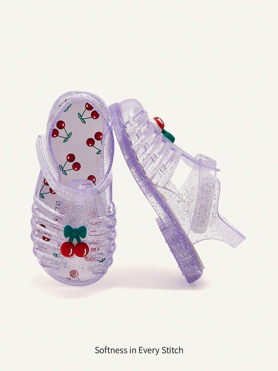 Cozy Pixies Sandálias infantis modernas, versáteis, fofas e divertidas, com estampa de cereja, transparentes, roxas, macias e confortáveis, com cristais xadrez, para praia e estilo campestre. - Roxa - Ver 1