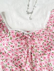 Tween Girls Floral Lace Trim Shirred Printed Blouse, Casual Vacation French Short Sleeve Shirt - Pink - View 8