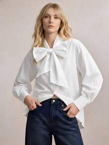 BizChic Women's Casual Elegant Knotted Button Front Shirt, Versatile Blouse For Business, Office, Casual Wear, Spring/Summer - White - View 3
