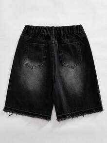 ROMWE MEN Street Life Quần short denim dáng rộng, họa tiết chữ đính đá, gấu quần tua rua, thích hợp cho bé trai tuổi teen, phong cách mùa hè. - màu đen - Xem 2