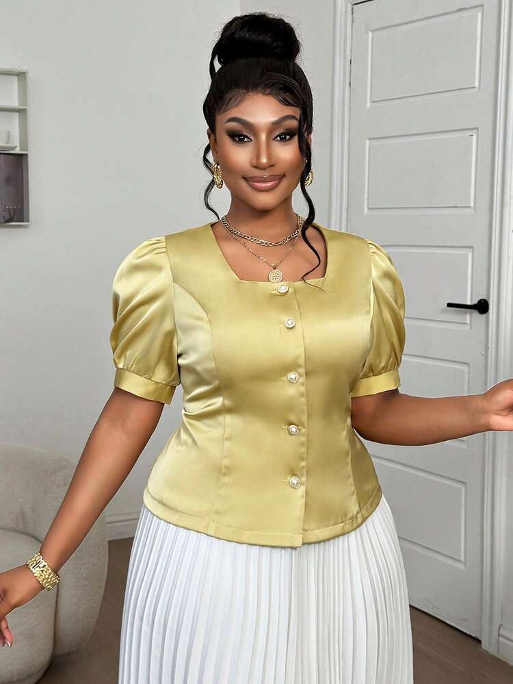 Dazy Plus Plus Size Women's Elegant Petal Sleeve Cropped Cardigan Shirt, Fitted Waist, Satin Fabric, Casual Commute Spring/Summer