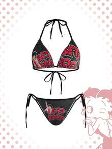 Betty Boop | ROMWE 女士字母卡通印花露背系带上衣和丁字裤内衣套装 - 黑色 - 查看 1