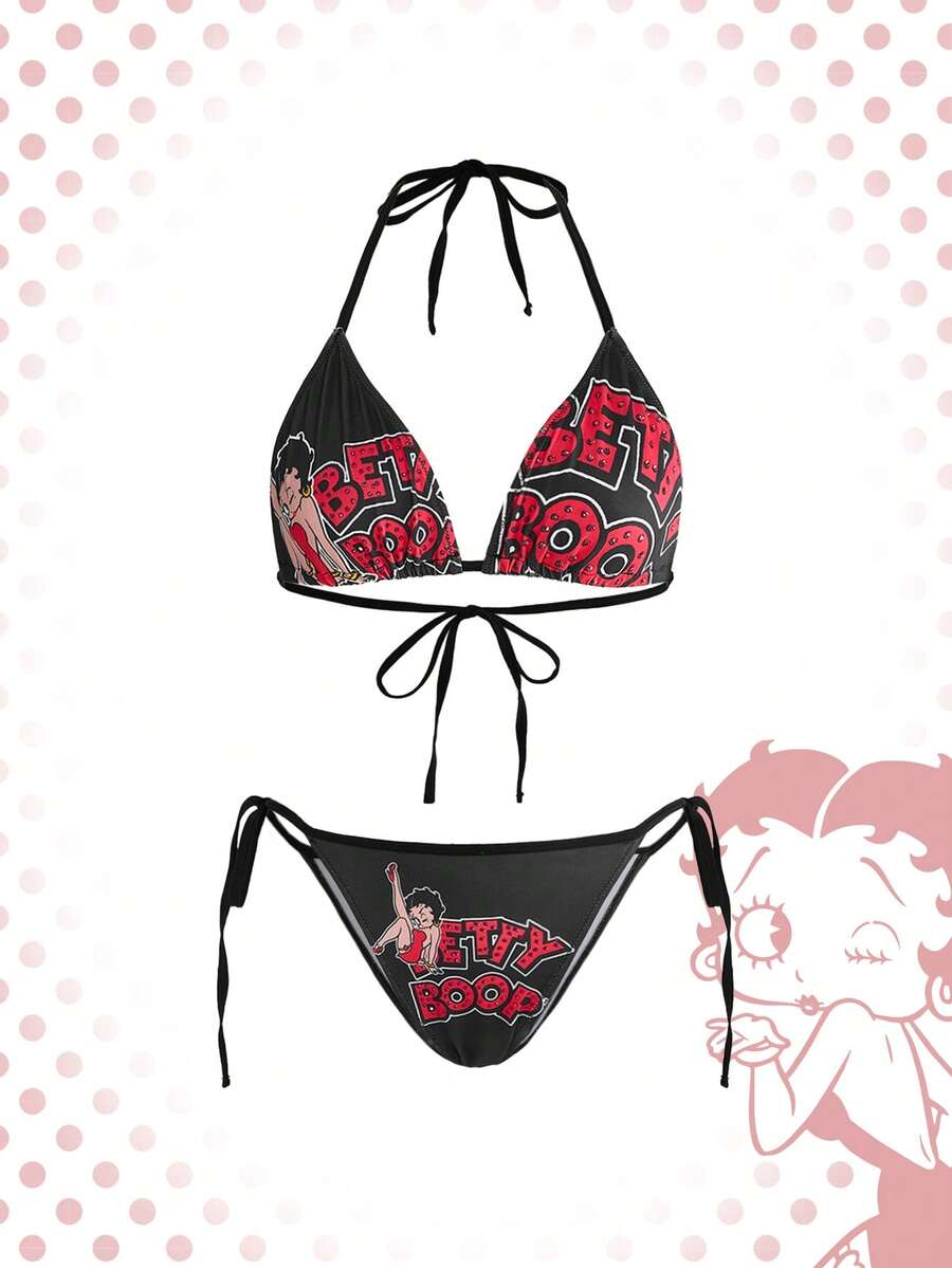 Betty Boop | ROMWE 女士字母卡通印花露背系带上衣和丁字裤内衣套装 - 黑色 - 查看 1