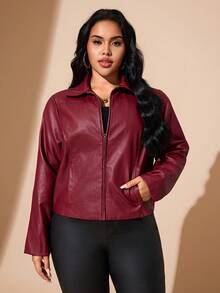Valentine's Day,Plus Size Women Casual Zipper Front Red Long Sleeve Jacket, For Winter, For Hourglow & Hourglass Body Shape - Burgundy - View 6
