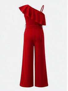SHEIN Tween Girl Asymmetrical Neck Ruffle Trim Belted Flare Leg Jumpsuit - Red - View 5